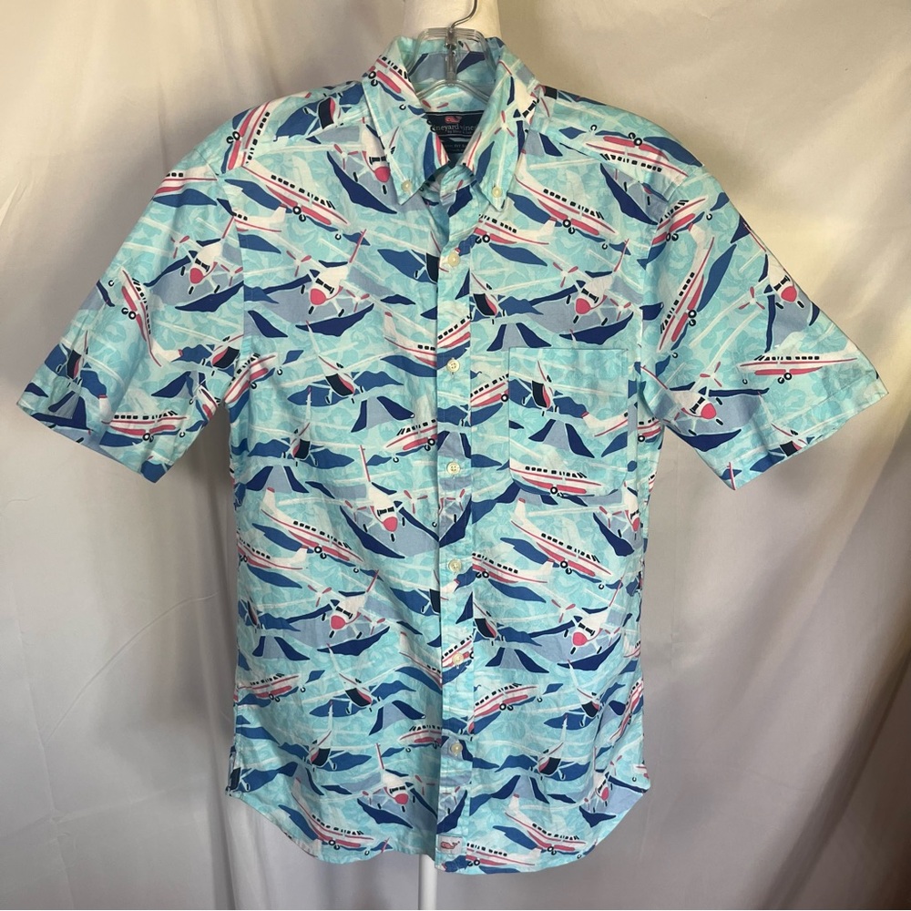 Vineyard Vines Short‎ Sleeve Button Down Sea Plane Shirt Blue/Pink Hawaiian S